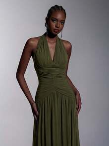 Elitara Elegant, , Fashionable Elastic Mesh Halter Neck Ruched Decor A-Line Dress, Party Wedding Guest Orange Color, And Graceful Bridesmaid - Army Green - View 3