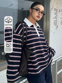 Dazy Plus 寬鬆街頭風拼色條紋 Polo 領長袖大尺碼女款 T 恤，秋季校園風 - 巧克力棕 - 查看 1