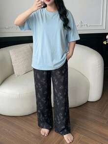 Dazy Plus Spring/Summer Home Wear 2-Piece Set Solid Color Loose T-Shirt Top And Floral Line Drawing Print Pajama Pants Sleepwear Set - Baby Blue - View 3