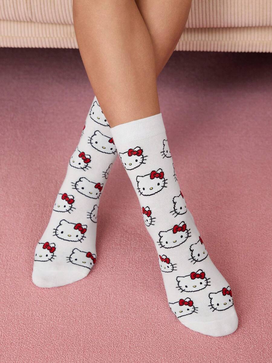 HELLO KITTY AND FRIENDS | SHEIN 透氣吸汗女款中筒襪 1雙 - 紅白色 - 查看 1