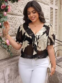 SHEIN Clasi Plus Size Vacation Fashion Floral Print Sheer Ruffle Tie Front Blouse - Multicolor - View 1