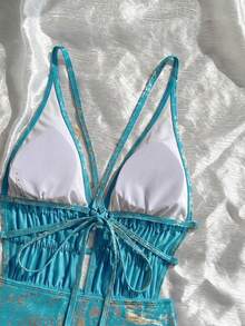 Swim SXY 優雅金色箔布料花卉抽繩連身泳衣 - 藍色 - 查看 5