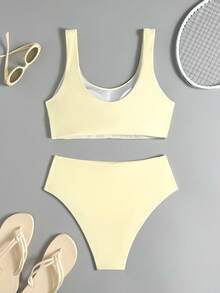 Bonvoyette 女款夏季海灘純色比基尼三角褲兩件式泳衣套裝 - 淡黃色 - 查看 3