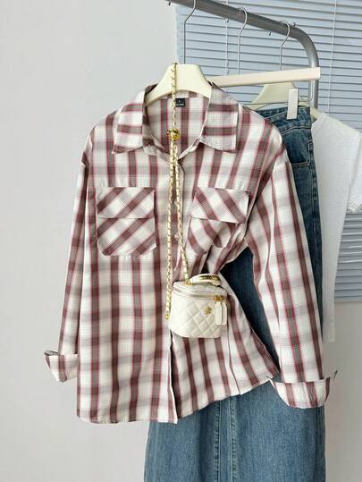 SHEIN EZwear Áo sơ mi nữ phong cách tiện dụng thanh lịch họa tiết kẻ caro, cài cúc, hai túi, mặc layer cho mùa xuân thu, phù hợp mặc hàng ngày và dạo phố