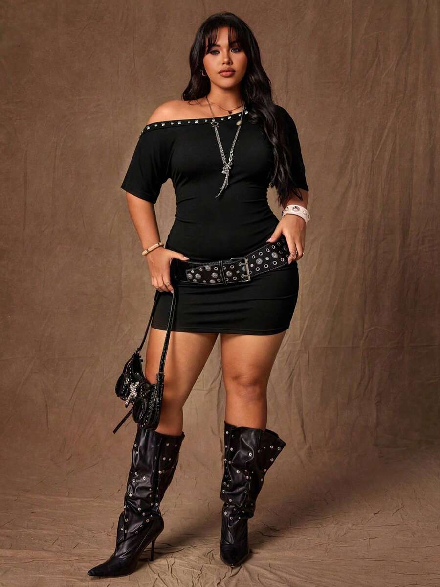 Rustia Plus Size Solid Color One Shoulder Short Sleeve Waist-Cinching Fashion Shaping Dress - Black - View 1