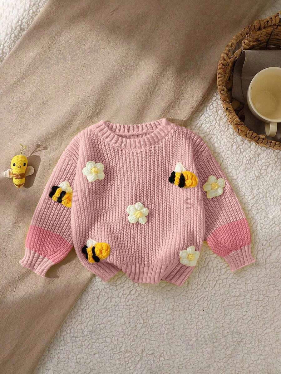 SHEIN 1件女嬰毛衣,簡約圓領,可愛俏皮3D花朵與蜜蜂裝飾,鮮豔黃色,適中厚度,整齊下擺與緊口袖口,秋冬穿搭 - 粉色 - 查看 1