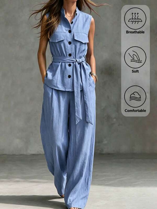 Balvessa Women's Summer Sleeveless Waist-Cinching Top & Matching Wide-Leg Pants Set