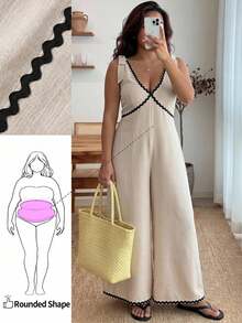 Enliva Plus Size Women's Sleeveless Colorblock Midi Jumpsuit, Fashionable Summer Vacation Casual Style, Suitable For Apple And Curvy Body Types - Multicolor - View 5