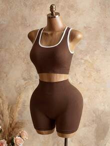 Dewbera Women Ribbed Trim Crop Tank Top And Shorts Set Brown Sports Bra Workout Two Pieces Athletic Yoga Setworkout - Coffee Brown - View 4