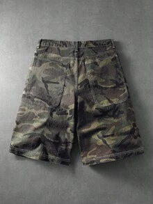 ROMWE MEN Shorts Denim Masculino Casual Versátil com Strass e Estampa Camuflada - Verde Militar - Visão 2