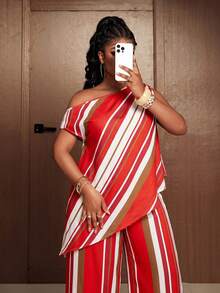 Maweii Plus Size Women's Spring/Summer New Casual Elegant Vacation Red One-Shoulder Asymmetrical Hem Top Shirt Waist-Cinching Straight Leg Pants 2-Piece Set - Multicolor - View 4