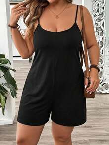 SHEIN LUNE Casual Vacation Black Fabric Plus Size Women's Spaghetti Strap Jumpsuit With Pockets, Suitable For Summer, Dating, Vacation, Party - Black - View 4