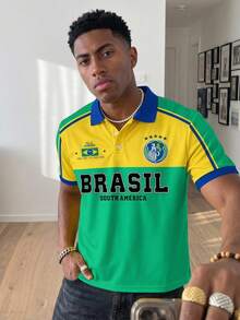 Gritte Field Football Soccer Jersey  Brazil  World CupStyle Polo Shirt, Yellow-Green Contrast Color, BRASIL Letter & Five-Star Badge Print, Loose Casual Sports Top, Men/Women Graphic T-Shirt, Football/Soccer Merchandise Summer Tops  World Cup  Summer Tops  Tops For Women  Summer Clothes  Tshirts For Women Brazilian Jersey Brazil T Shirt South America Shirt - Multicolor - View 7