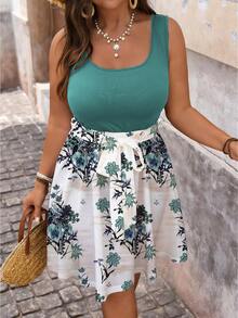 SHEIN VCAY Vestido de mujer talla grande con estampado floral, patchwork y bloques de color, adecuado para el verano - Multicolor - Ver 5