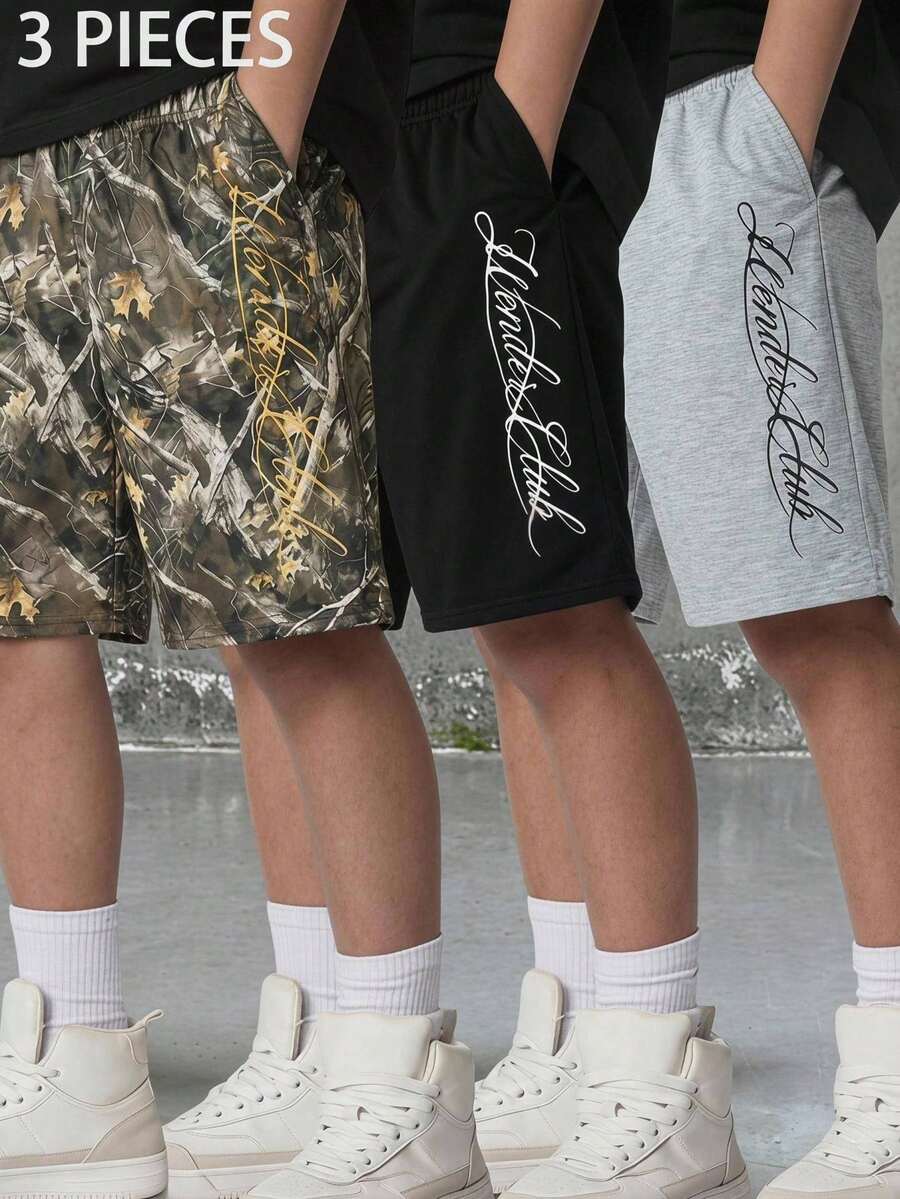 3pcs Kids Tween Boy Buy 1 Get 2 Set Casual College Comfortable Leaf Print Pattern Loose Knit Shorts, Black Shorts, Khaki Shorts, Camouflage Shorts, Cargo Pants, Y2k Set, Suitable For Spring And Summer, Outfits, Valentine's Day, Dates, Travel, Vacation, Family Gatherings, Back To School Season, Wedding Season, Dinner, Sports, Birthday Parties - Multicolor - View 1