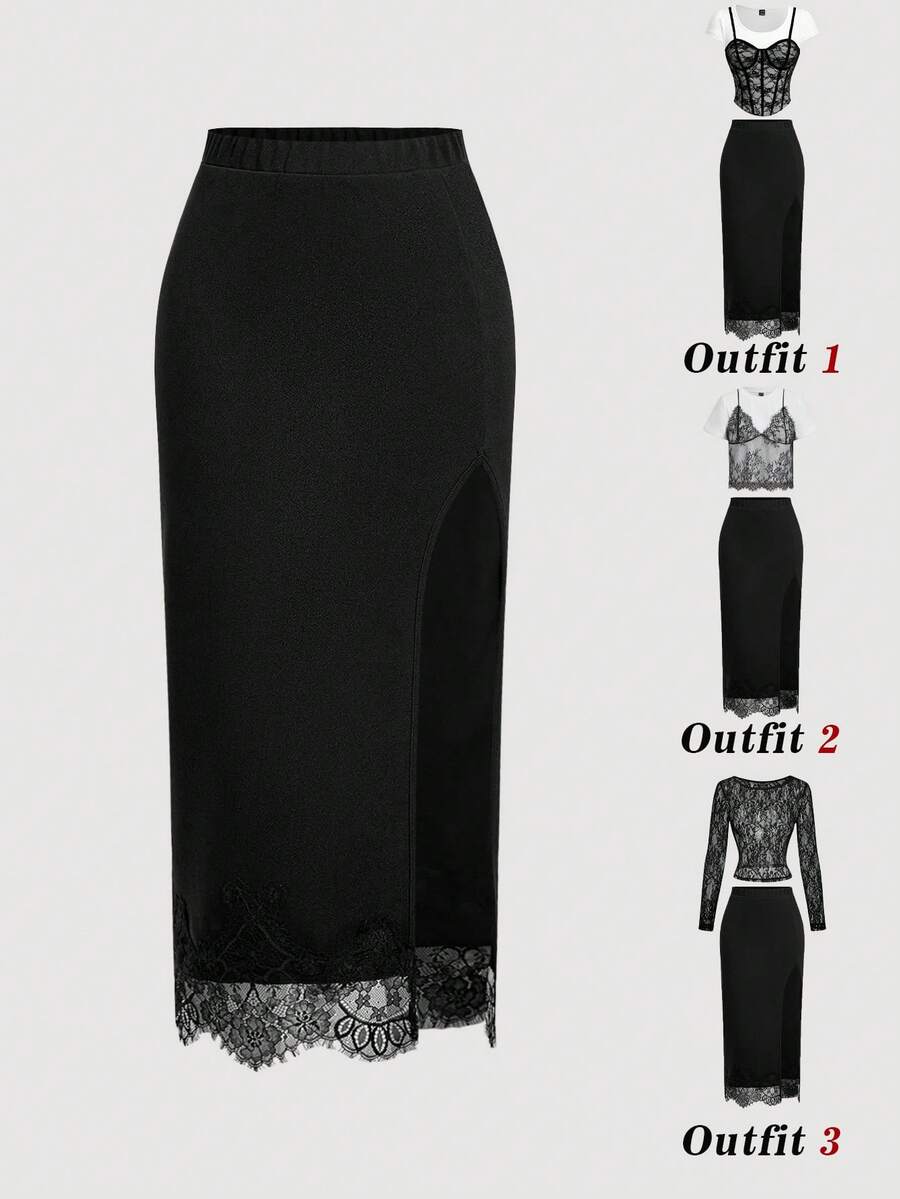 SHEIN MOD Women's Solid Color Elastic Waist Side Slit Hem Contrast Lace Fashion Skirt Date Night Black Autumn Sexy Party - Black - View 1