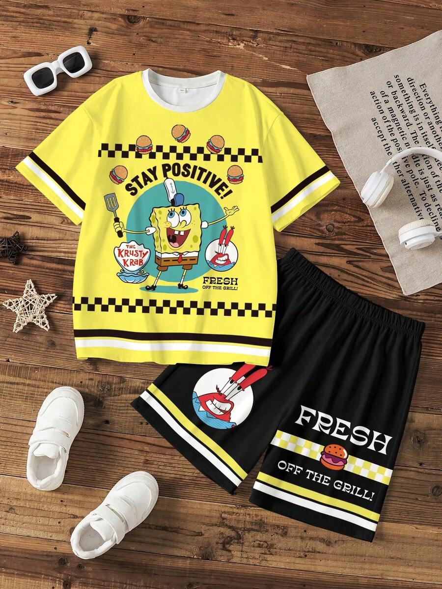 SpongeBob SquarePants | SHEIN 青少年男孩休閒日常通勤時尚街頭可愛卡通字母對比條紋印花短袖T恤與短褲套裝,夏季 - 白色 - 查看 1
