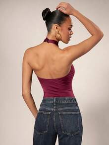 Hauture Women's Solid Color Halter Neck Slim Fit Fashion Bodysuit - Red Violet - View 5