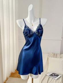 Moireta Women's Lace Patchwork Camisole Pajama Night Dress Luxeloungewear - Blue - View 2
