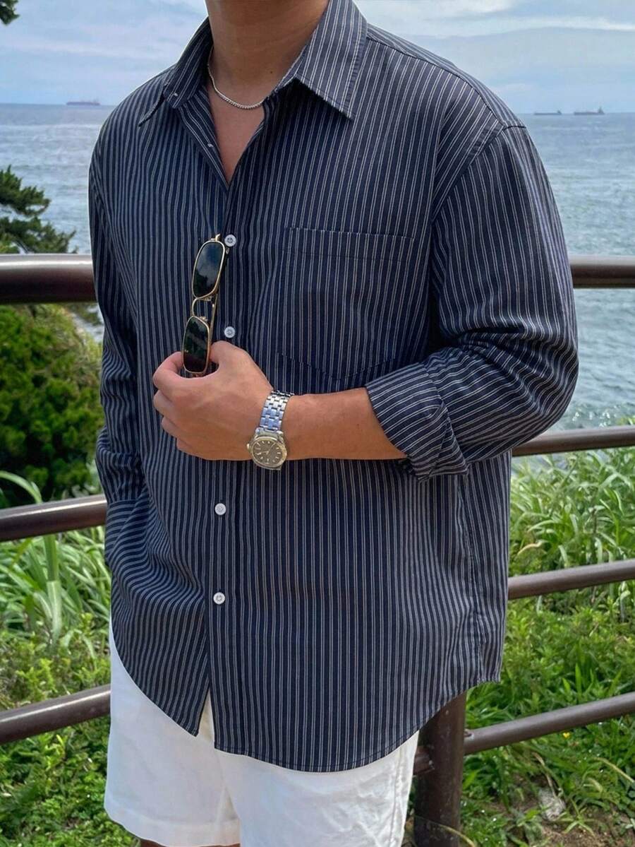 DAZY 春季海軍藍條紋長袖男士襯衫 - 藍白色 - 查看 1