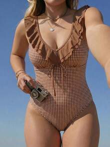 Swim Mod 2026新款大尺碼女款連身泳衣 波點咖啡棕純色印花 性感優雅星空休閒泳裝 派對海灘夏季 - 彩色 - 查看 1