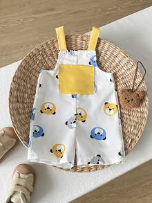 SHEIN Playful Pals Romper Bayi Laki-laki Motif Kepala Beruang Musim Panas dengan Desain Saku, Cocok untuk di Rumah, Santai, Pesta, dan Bepergian - Putih - View 4