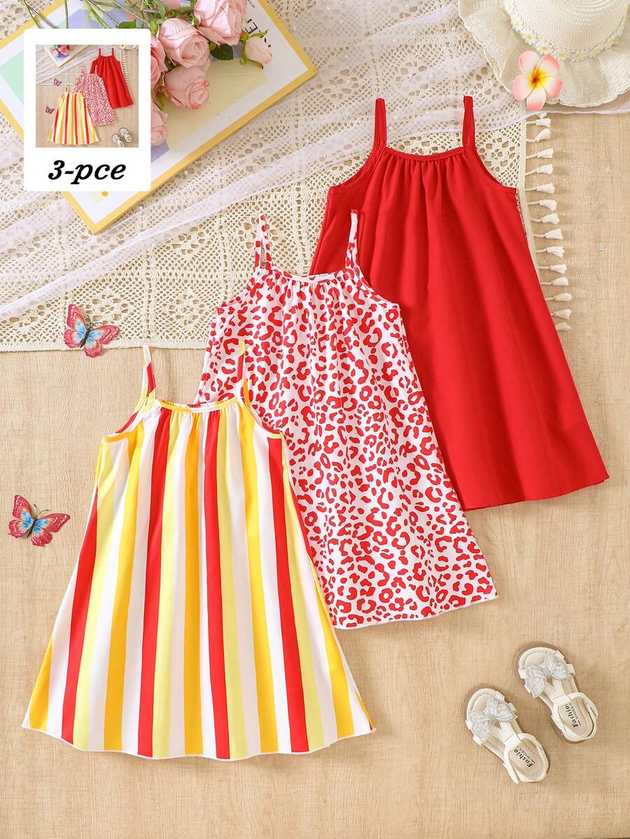 Girls Spring/Summer New Yellow Dopamine Dress 3-Piece Set Leopard Print Digital Pattern Sleeveless Spaghetti Strap Straight Dress Suitable For Daily
