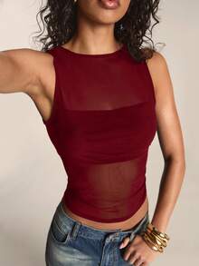 SHEIN BAE 女款網格拼接休閒百搭日常上衣 - 酒紅色 - 查看 6