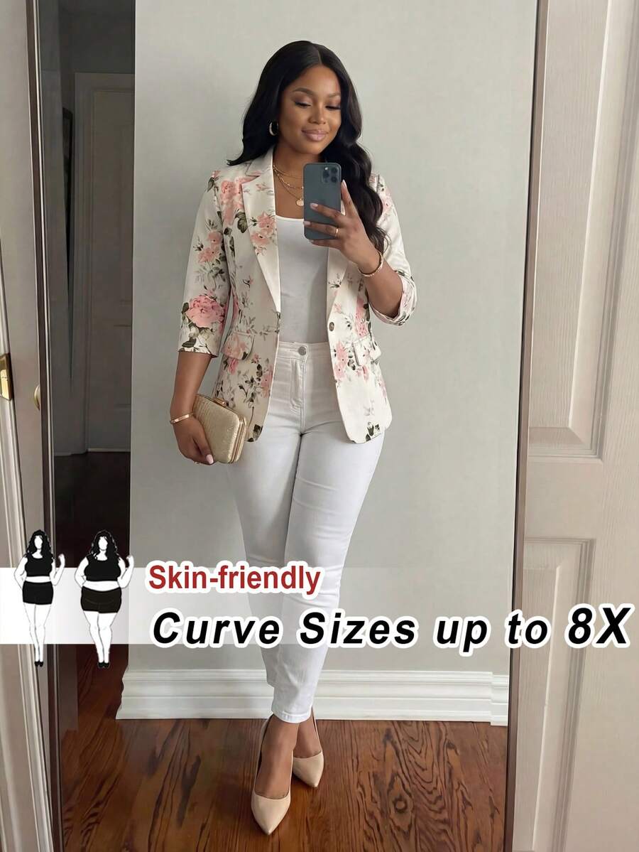 SHEIN CURVE+ 大尺碼女款薄款西裝外套,適合四季商務休閒女裝外套西裝外套,花卉印花花卉西裝外套,秋冬適用 - 彩色 - 查看 1