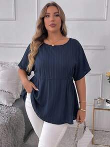 SHEIN CURVE+ Plus Size Women's Vacation Casual Striped Ruffle Hem Shirt - Blue - View 9