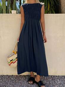 Livesso Summer Autumn June Festival Square Neck Sleeveless Ruched Waist Solid Navy Blue Full Skirt Midi Dress For Women Vacation Vacation Casual Modest - Navy Blue - View 1