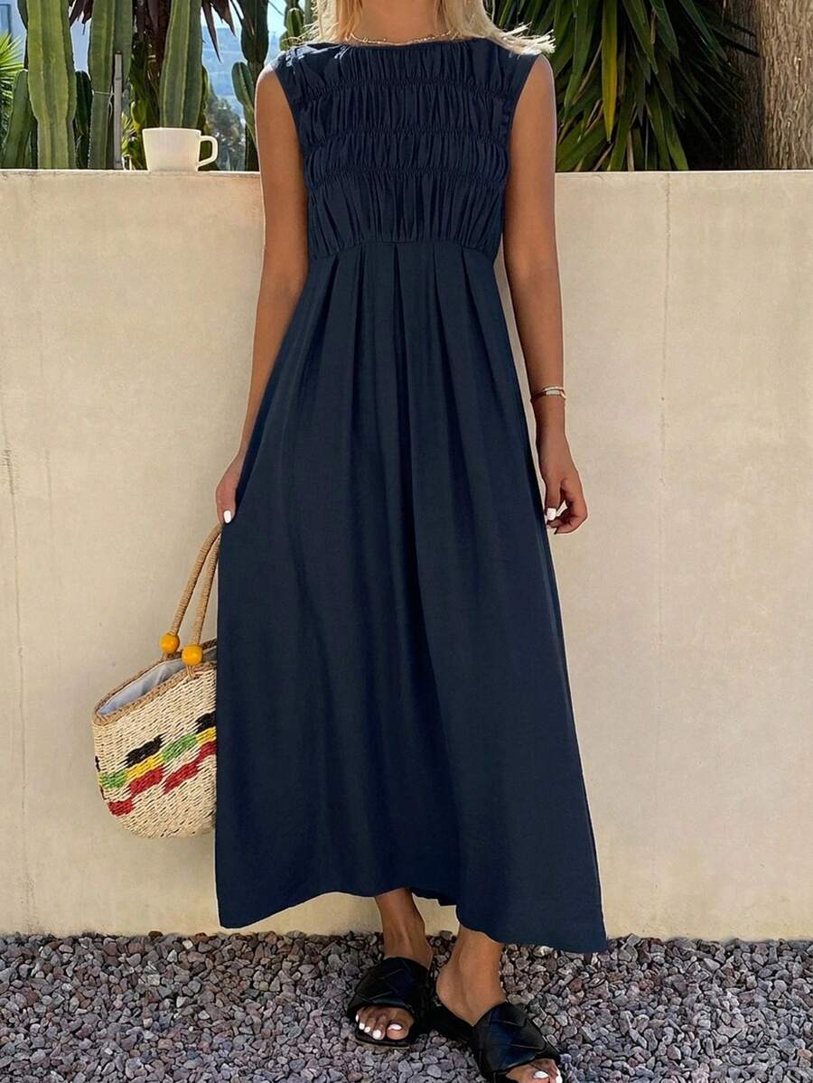 Livesso Summer Autumn June Festival Square Neck Sleeveless Ruched Waist Solid Navy Blue Full Skirt Midi Dress For Women Vacation Vacation Casual Modest - Navy Blue - View 1