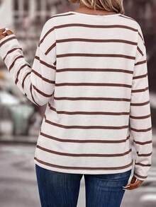 EMERY ROSE Casual Fashion Coffee-Colored Striped Print Plus Size V-Neck Long Sleeve T-Shirt Fall - Multicolor - View 2