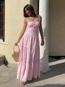 Sunnyshic Vestido de mujer blanco con tirantes finos, fruncido, de corte A y talla grande, romántico, elegante y de moda para vacaciones en la playa, salidas, citas, cumpleaños, bodas, primavera/verano - Rosa - Ver 5