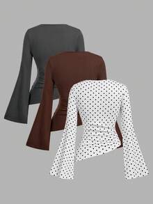 SHEIN MOD 3件組女款喇叭袖百褶不對稱下擺T恤 - 彩色 - 查看 4