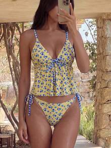 Swim Mod 女款夏季度假海灘活力橘色貝殼印花細肩帶前綁帶收腹顯瘦側綁帶三角分體式比基尼套裝 - 彩色 - 查看 5
