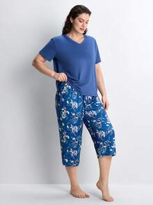 Slumbrini Conjunto de pijama de talla grande con estampado, cuello en V y manga corta - Azul Marino - Ver 5