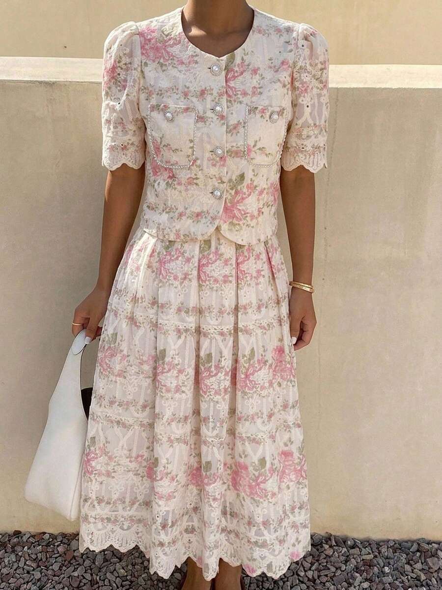 DAZY French Fashion Elegant Polka Dot Lace Embroidered Skirt 2 Pieces Set, High-End Chic Outfit For Girls And Women Summer - Pink - View 1