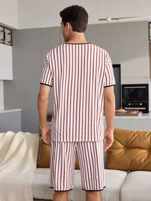 CoupledUp V-Neck Casual Striped Print Pullover Short-Sleeved Shorts Men's Pajama Set - Multicolor - View 3