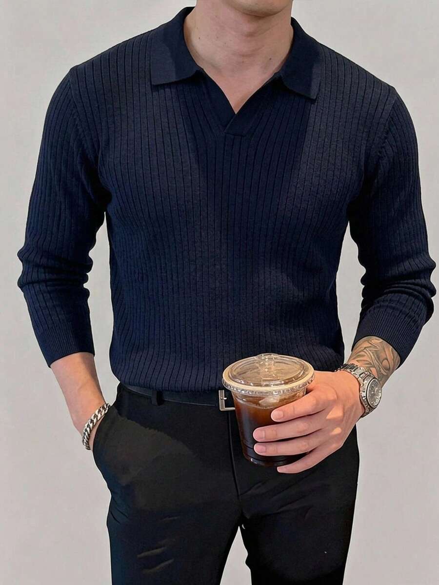 DAZY Men's Long Sleeve Navy Blue Polo Collar Ribbed Knit Top - Navy Blue - View 1