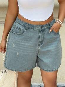 Dazy Plus Jeans rectos cortos y acortados de pierna recta, estilo de calle, talla grande para mujer, lavado vintage desgastado y descolorido, primavera/verano - Lavado ligero - Ver 7