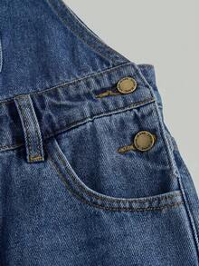SHEIN Girls' Lace Bow Frayed Heart-Patterned Dark Blue Denim Loose-Fitting Overalls Fall Graduation Y2k - Medium Wash - View 7
