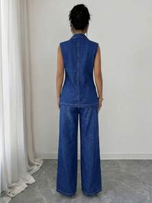 Elenzga Women's Single-Breasted Vest And Pants Casual Denim Set - Blue - View 2