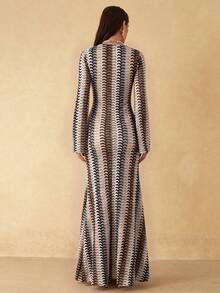 Silquee Spring/Summer Women's Mesh Knit V-Neck Long Sleeve Dress - Multicolor - View 2
