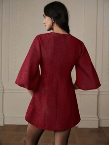 BELROSIE 女款迷你洋裝 紅金魚骨紋理 A字版型 收腰 喇叭袖 晚餐雞尾酒會 秋季優雅 - 彩色 - 查看 7