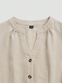 SHEIN LUNE 女款V領泡泡袖收腰鈕扣長洋裝 - 米色 - 查看 4