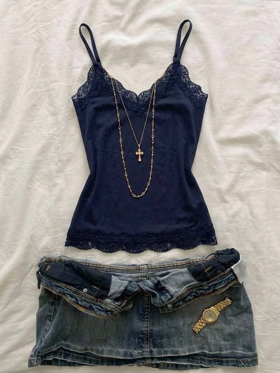 Attitoon 女款蕾絲拼接修身百搭日常外出細肩帶上衣 - 藍色 - 查看 1