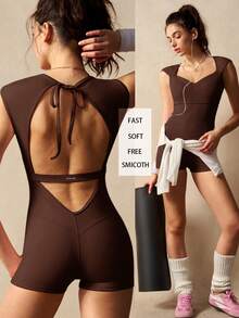 VARSIVA Mono deportivo casual de uso diario para mujer, color liso, sin espalda - Marrón - Ver 11