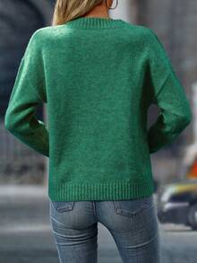 Balvessa Women's Solid Color Long Sleeve Loose V-Neck Casual Sweater - Olive Green - View 2