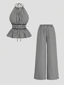 Sweetra Ensemble 2 pièces style Hot Girl, top sans manches minimaliste de couleur unie avec taille cintrée & pantalon coupe slim - Noir et Blanc - Voir 1